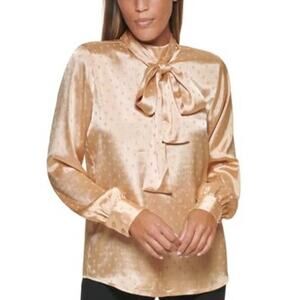 CALVIN KLEIN Polka Dot Printed Tie Neck Long Sleeve Blouse In Chamois - M